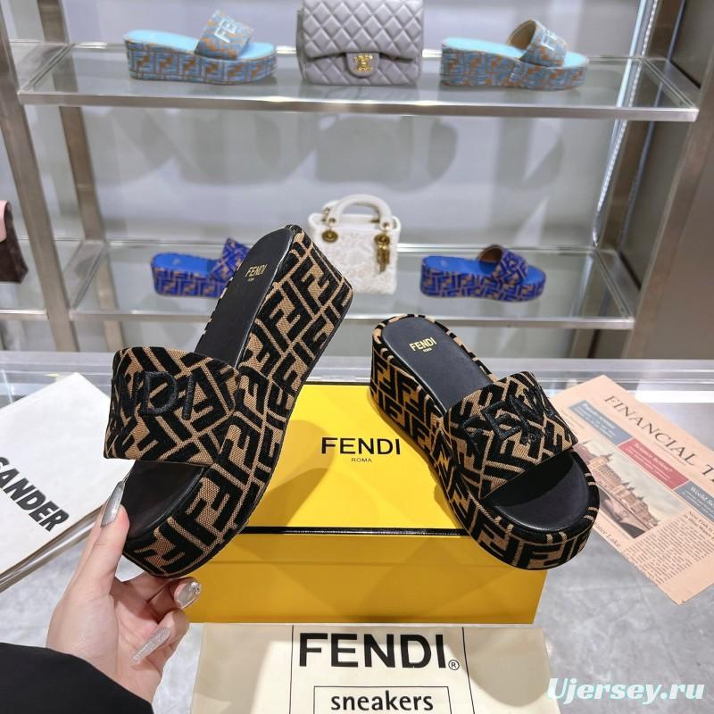 2025 Slippers Fendi Black Brown Canvas Platform FF Jacquard KFY00240