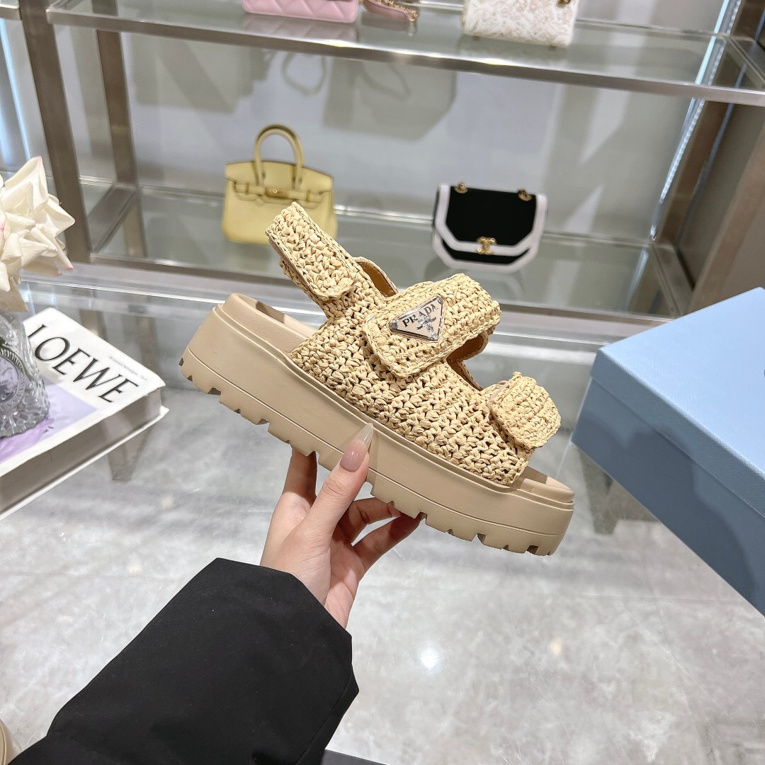 2025 Women Prada Beige Woven Leather Platform Sandals