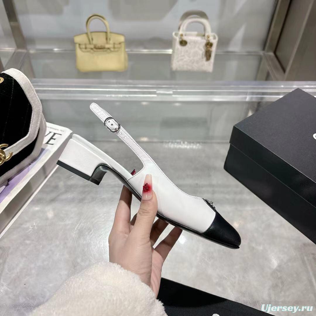 2025 Women Chanel White Black Leather Slingback Heels LY00300