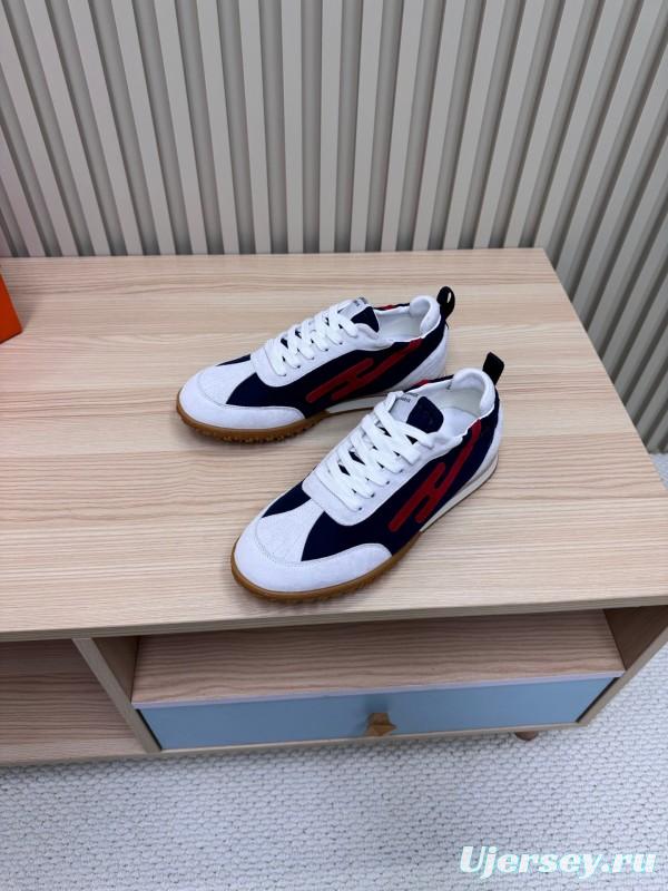 2025 Unisex Hermès White Navy Red Suede Down Fabric Sneakers Top Version LY00310