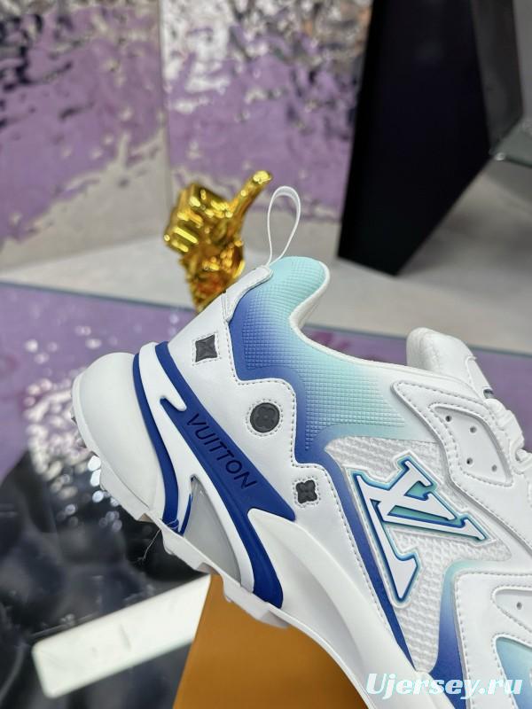 2025 Men Louis Vuitton Blue White Mesh Leather Sneakers MJ00420