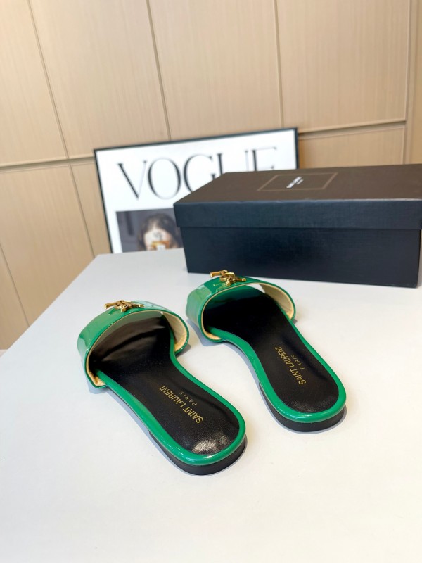 2025 Women Yves Saint Laurent Green Leather Slippers LY00180