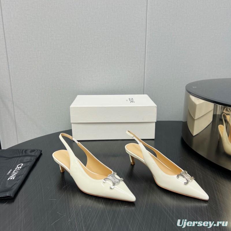 2025 Women Celine White Patent Leather Kitten Heel Pointed Toe Trimed KFY00290