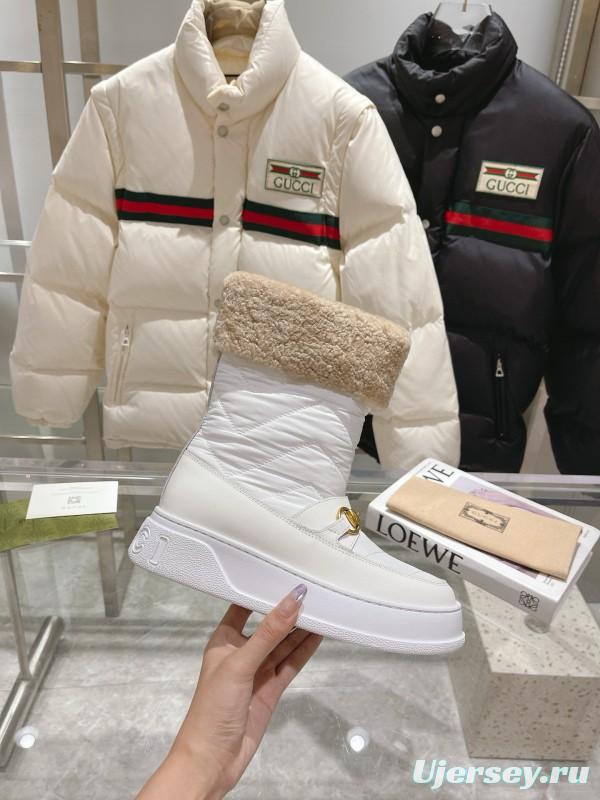 2024 Women Gucci White Sheepskin Snow Boots Gold Hardware