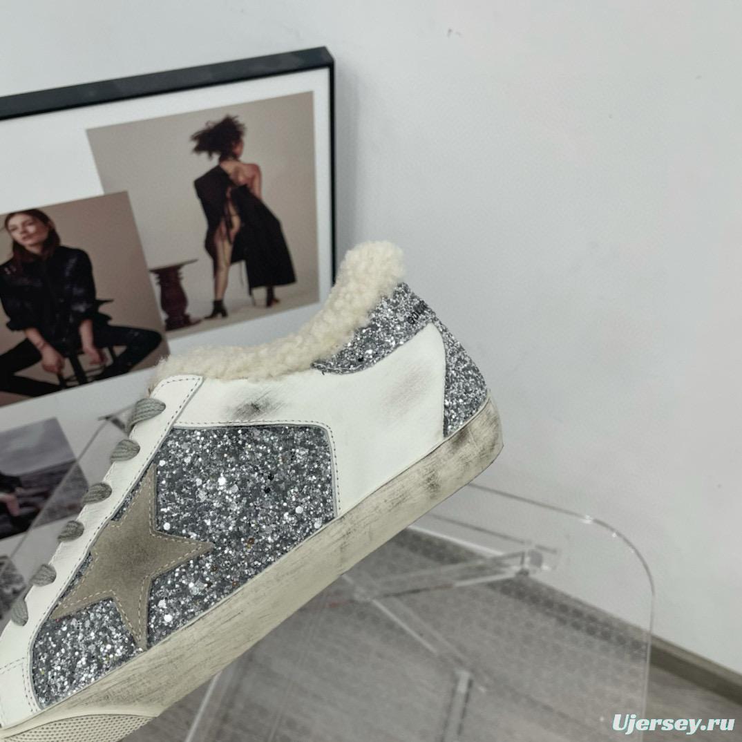 2025 Women GGDB White Silver Suede Leather Glitter Star Sneakers