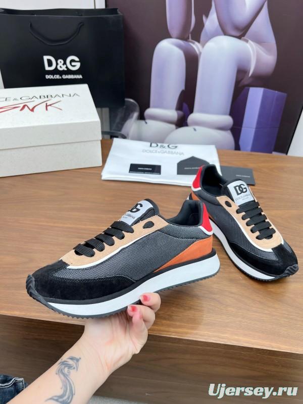 2025 Unisex Dolce & Gabbana Black Brown Red PU Leather Mesh Casual Sneakers LY00300