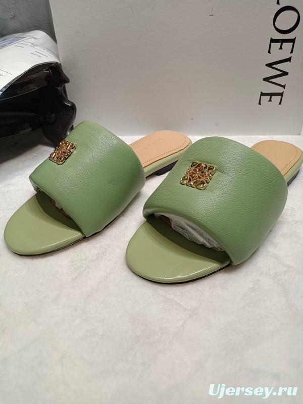 2025 Women Loewe Green Leather Slippers