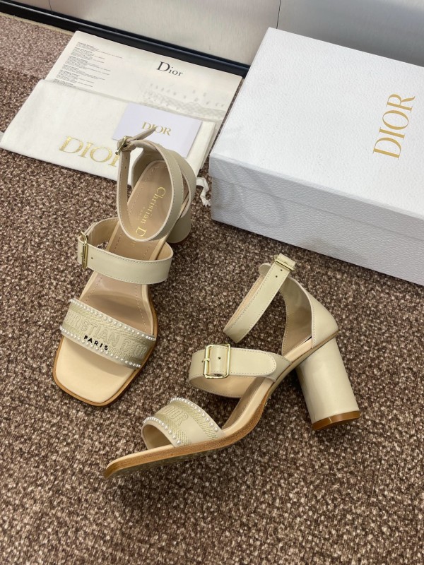 2025 Women Dior Beige Leather Sandals Ankle Strap KFY00320