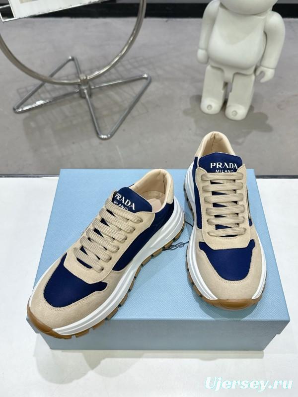2025 Unisex Prada Blue Beige Suede Leather Sneakers KFY00310