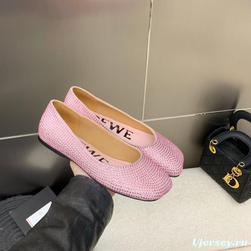 2025 Women Loewe Pink Lambskin Rhinestone Ballet Flats LY00291