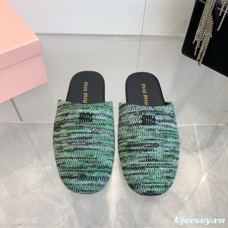 2025 Miu Miu Green Black Fabric Slippers
