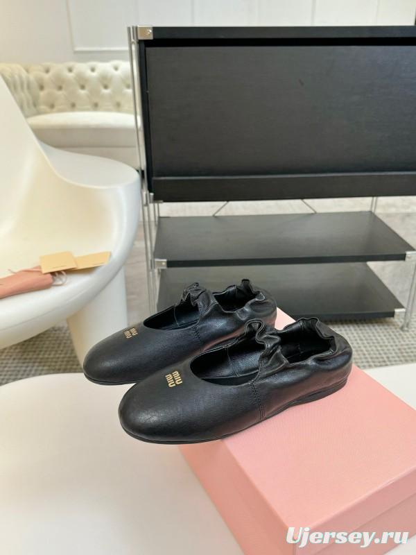 2025 Women Miu Miu Black Leather Ballet Flats