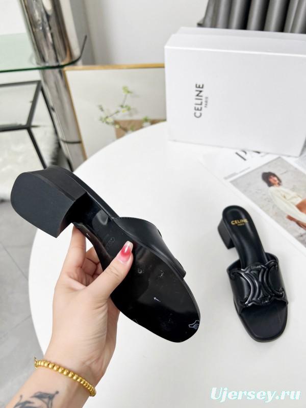 2025 Women Celine Black Leather Sandals