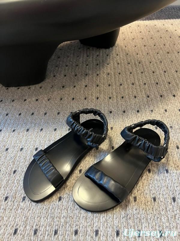2025 Women The Row Black Leather Flat Sandals KFY00270