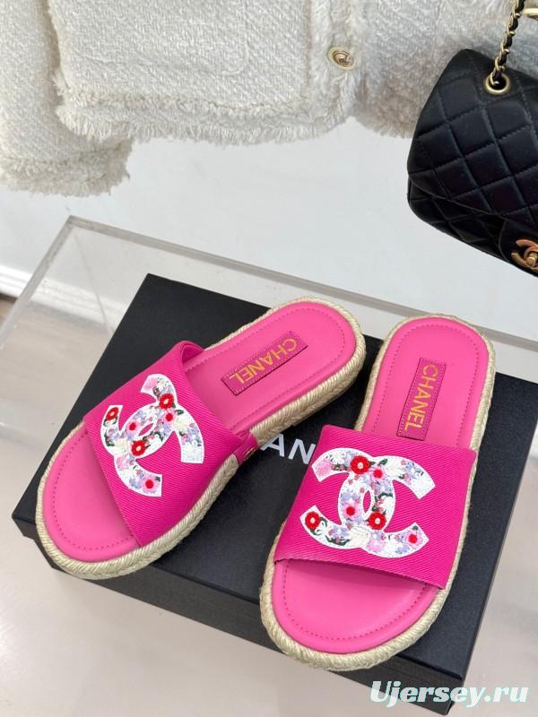 2025 Slippers Chanel Pink Canvas Espadrille Double C KFY00230