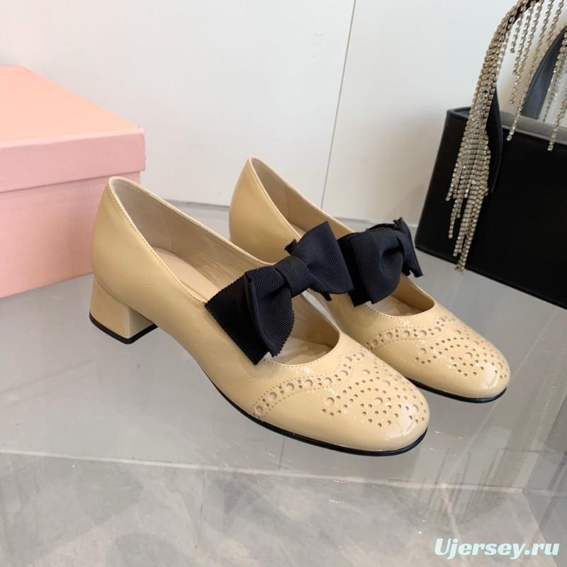 2025 Women Miu Miu Beige Black Leather Mary Jane Bow KFY00280