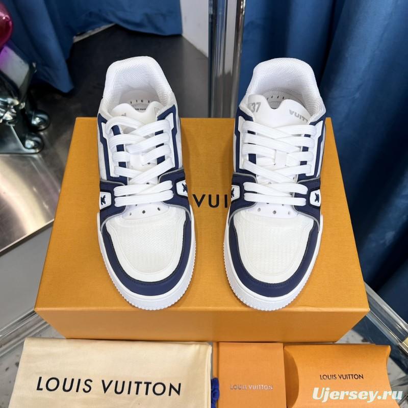 2025 Unisex Louis Vuitton White Navy Leather Sneakers