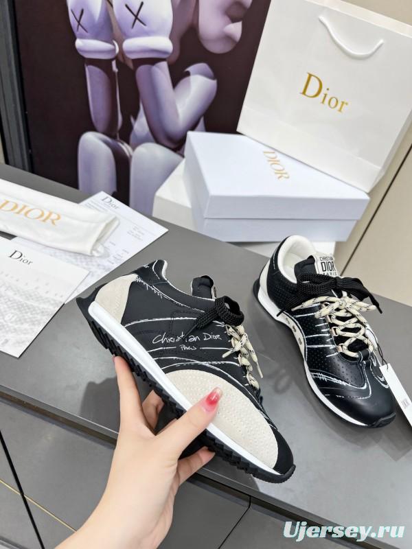 2025 Women Dior Black White Leather Sneakers Handwritten Logo KFY00290
