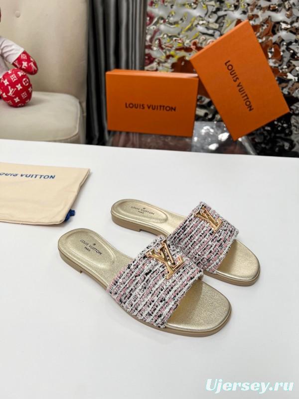 2025 Women Louis Vuitton Pink White Gold Fabric Leather Slippers