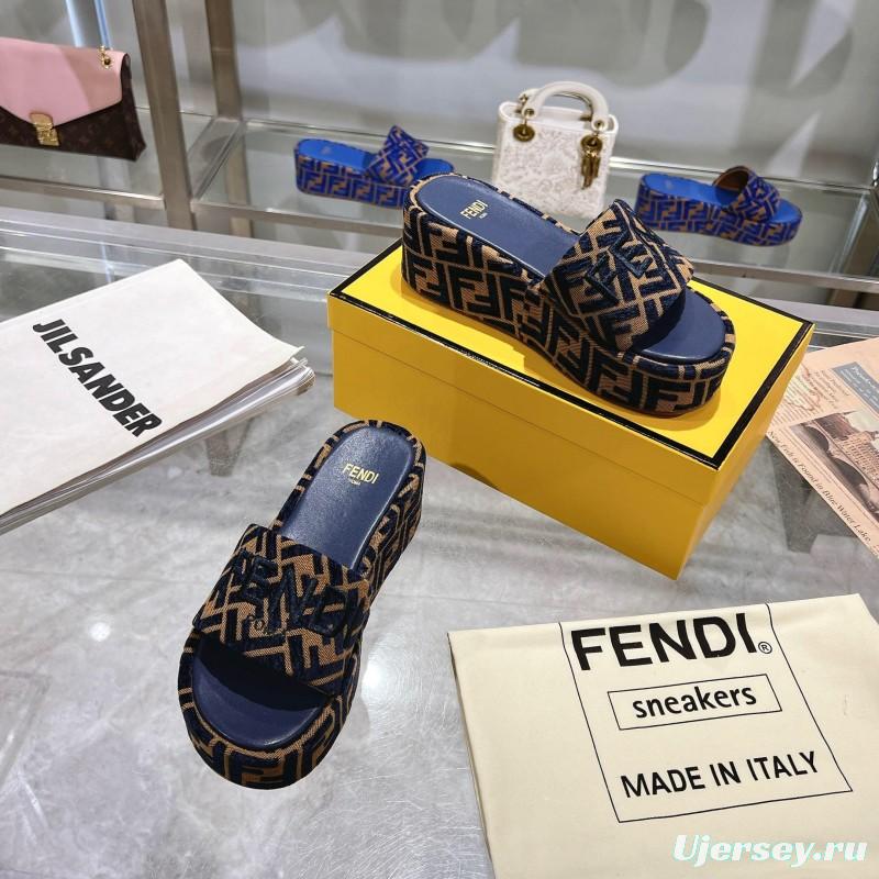 2025 Slippers Fendi Blue Brown Canvas Platform FF Jacquard KFY00240