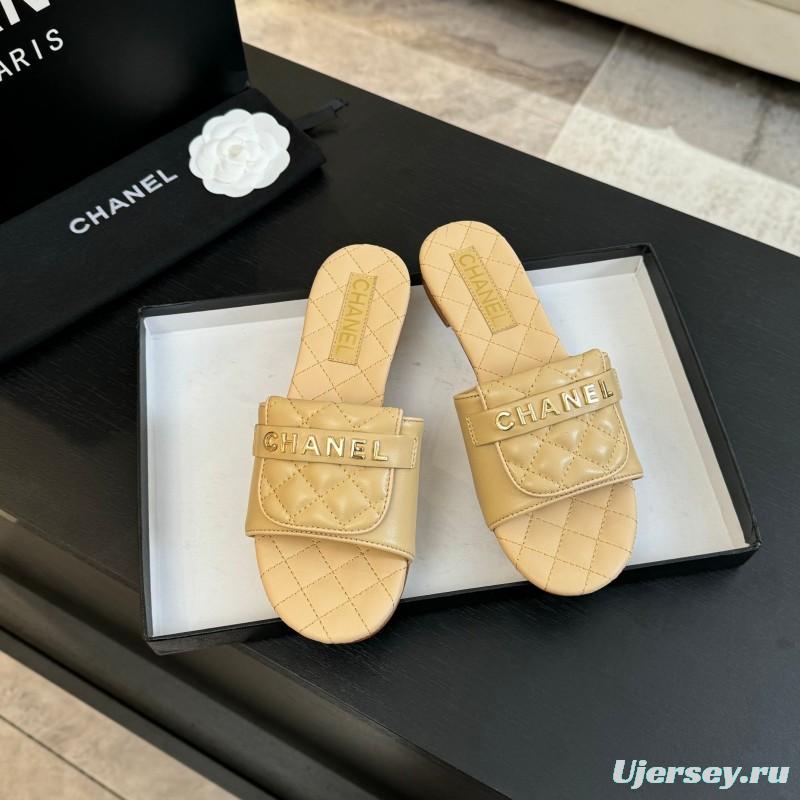 2025 Women Chanel Beige Leather Slippers