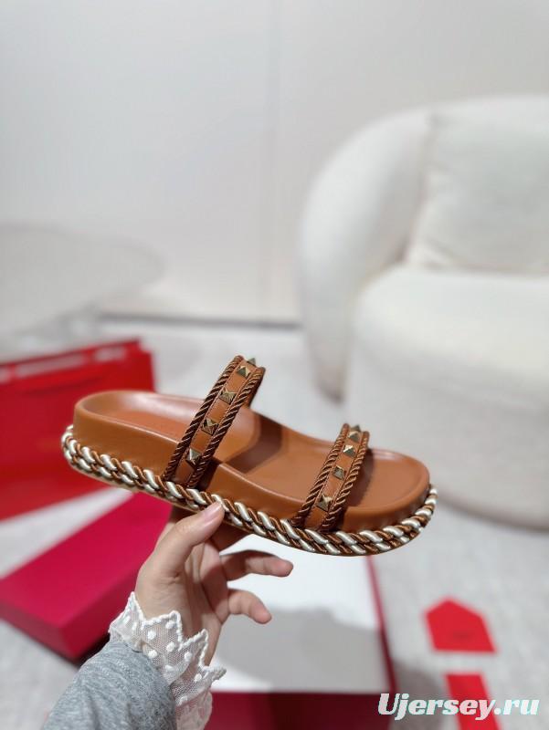 2025 Women Valentino Brown Leather Sandals Braided Rope Sole LY00250