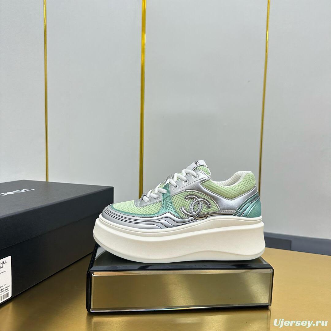 2025 Women Chanel Green Silver Mesh Leather Platform Sneakers