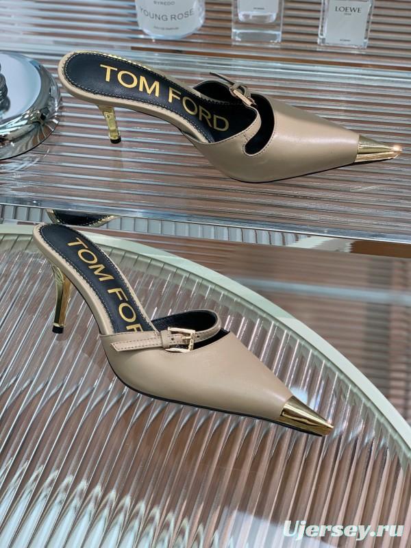 2025 Women TOM FORD Beige Gold Leather Pointed Toe Mules KFY00300
