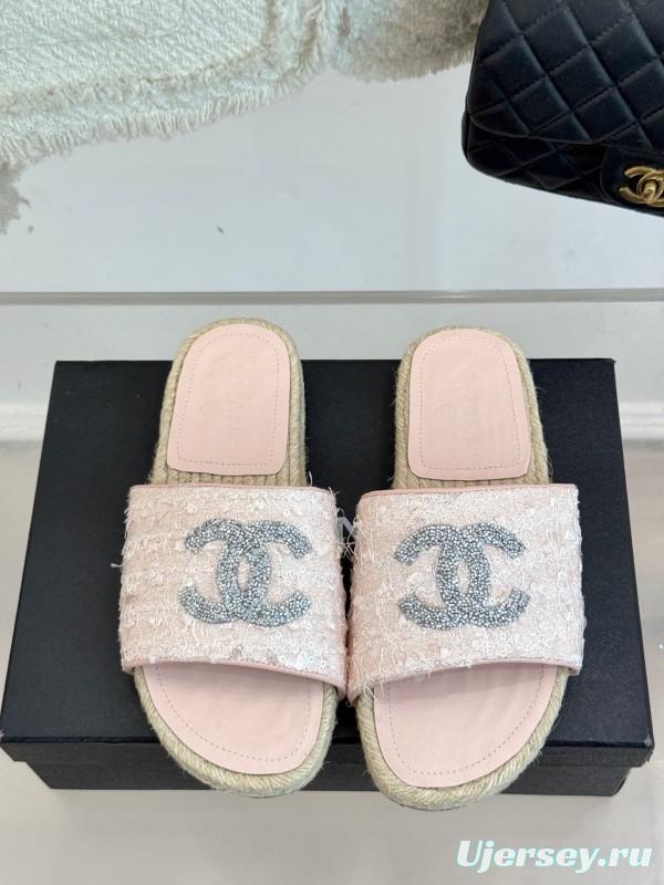 2025 Women Chanel Pink Tweed Espadrille Slide Sandals Handmade Craft KFY00240 (F)