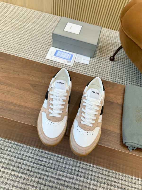 2025 Unisex TOM FORD White Black Beige Leather Suede Sneakers LY00360