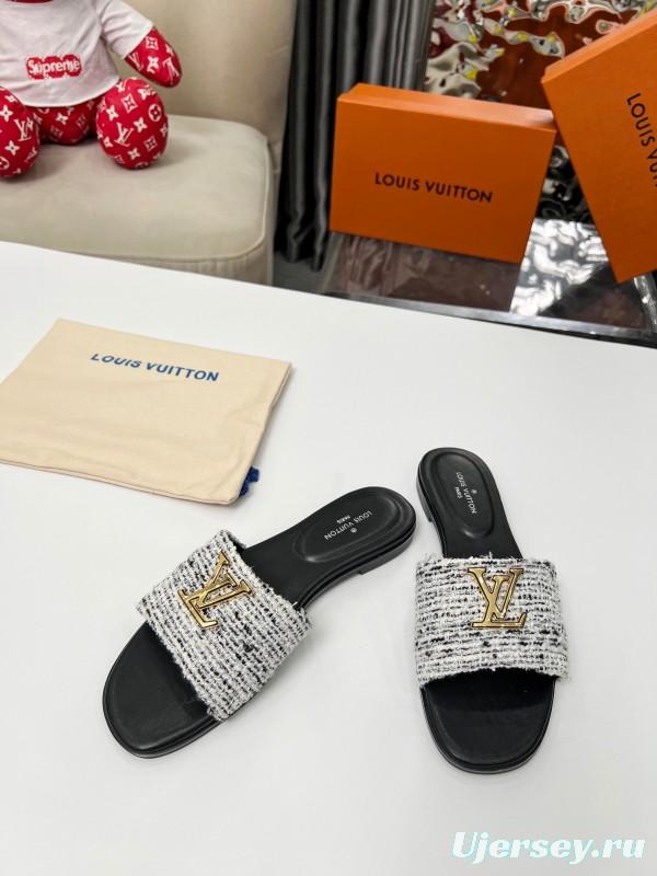 2025 Women Louis Vuitton Black White Fabric Slippers LY00210