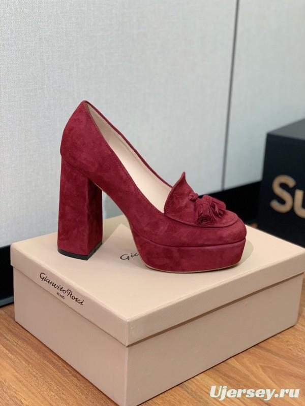 2025 Women Gianvito Rossi Red Suede Platform Loafers Tassel KFY00330