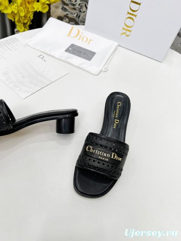 2025 Women Dior Black Leather Slippers LY00250
