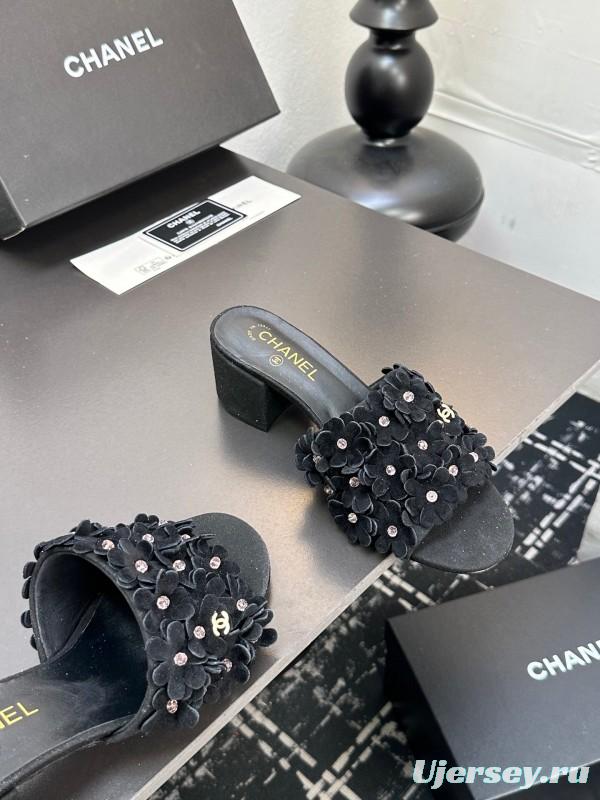 2025 Women Chanel Black Suede Heeled Slippers