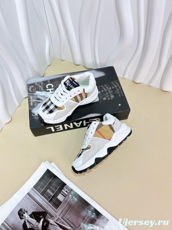 2024 Kids BURBERRY Beige White Black Leather Fabric Sneakers