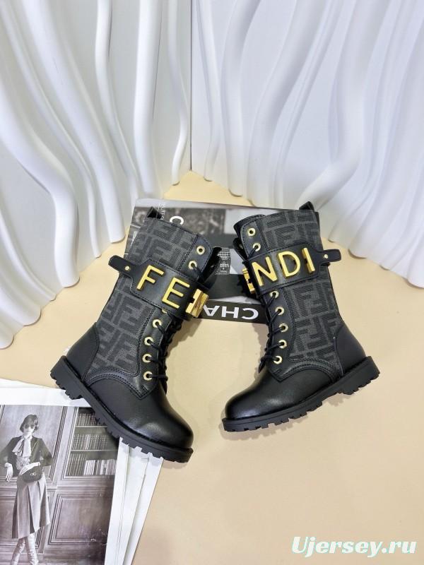 2024 Kids Fendi Black Brown Leather Fabric Boots
