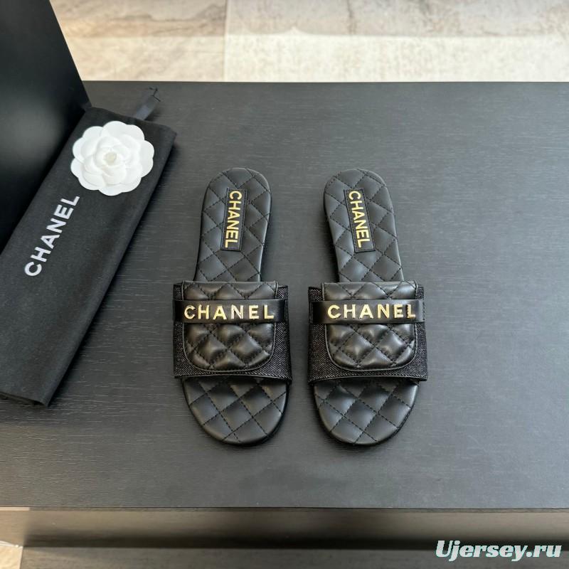 2025 Women Chanel Black Leather Slippers