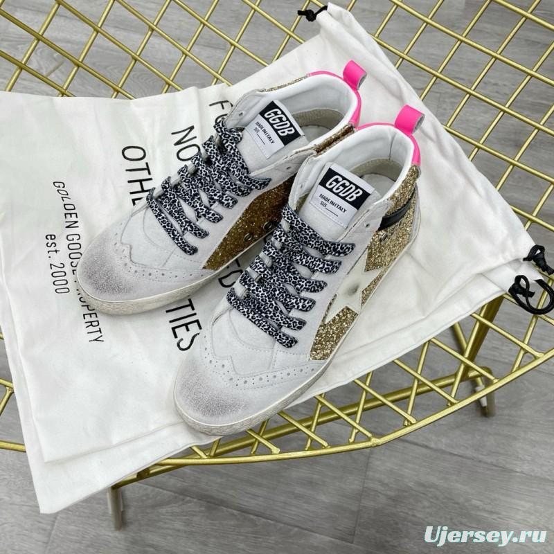 2024 Women GGDB Gold White Leather Glitter High Top Sneakers MJ015AM