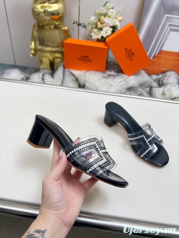 2025 Women Hermès Black Leather Slippers H Pattern MJ00180