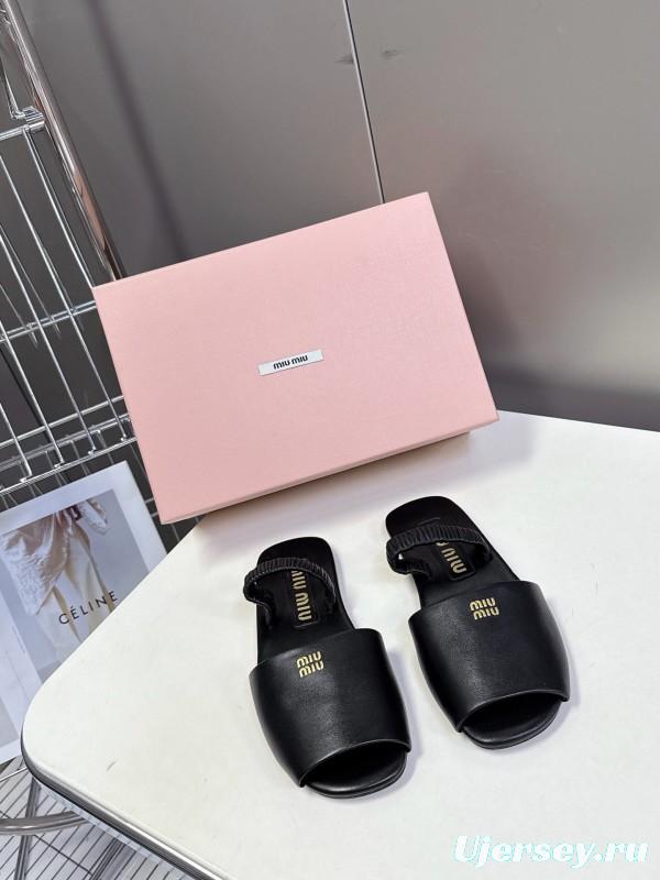 2025 Slippers Miu Miu Black Leather Slippers LY00