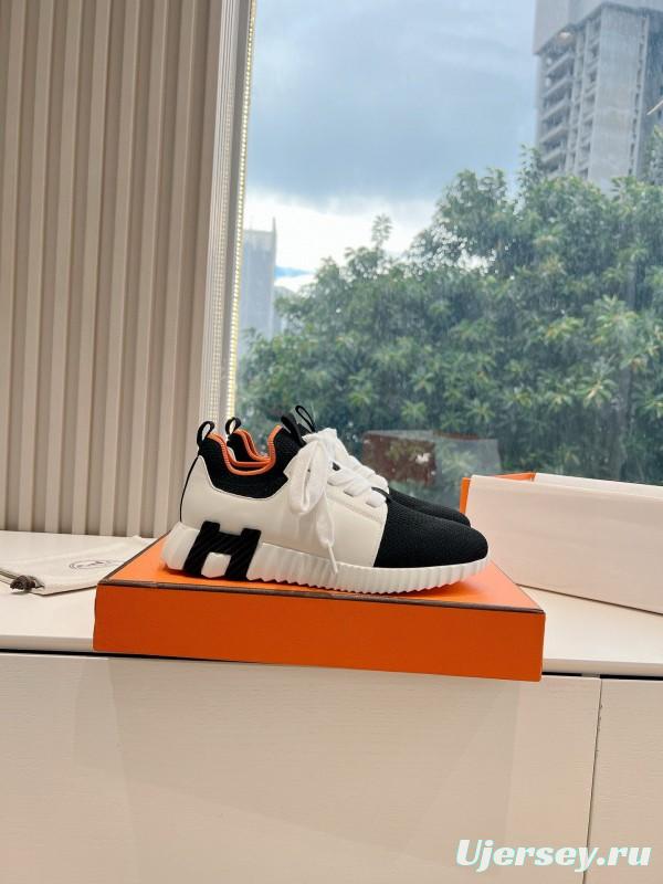 2024 Unisex Hermès Black White Orange Calf Leather Suede Knit Sneakers MJ00290