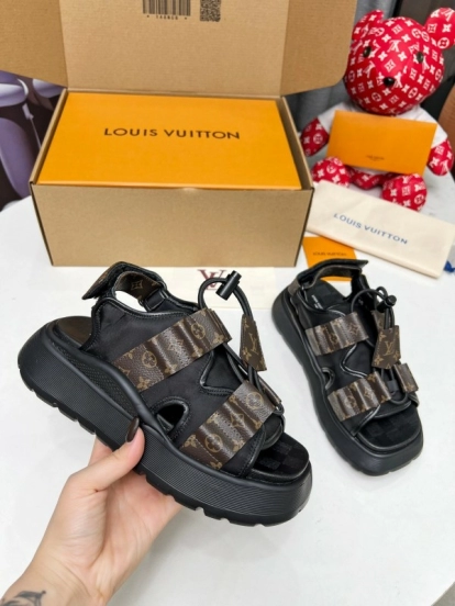 2025 Women Louis Vuitton Black Brown Canvas Leather Sandals LY00310