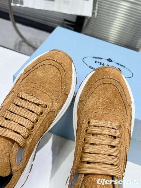 2025 Unisex Prada Brown Suede Leather Sneakers KFY00310