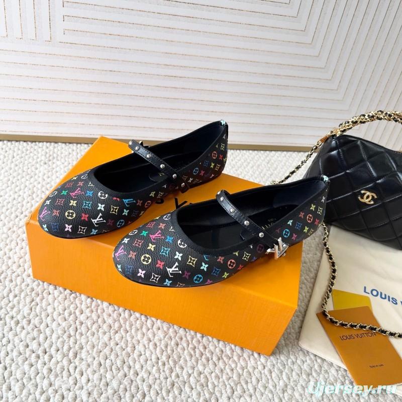 2025 Women Louis Vuitton Black Multicolor Leather Ballet Flats KFY00300