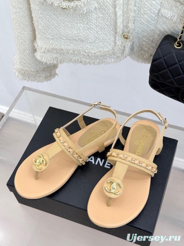 2025 Women Chanel Apricot Leather Sandals KFY00250