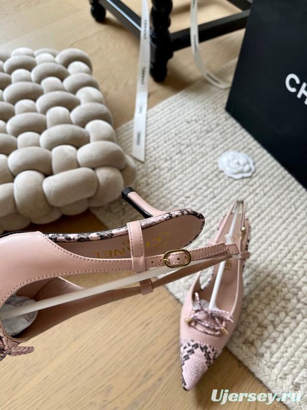 2025 Women Chanel Pink Python Leather Bow High Heels KFY00320