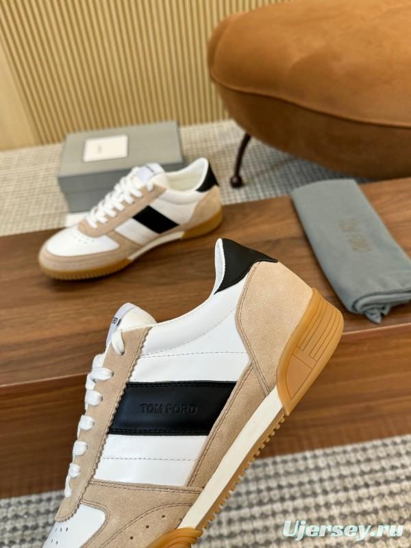 2025 Unisex TOM FORD White Black Beige Leather Suede Sneakers LY00360