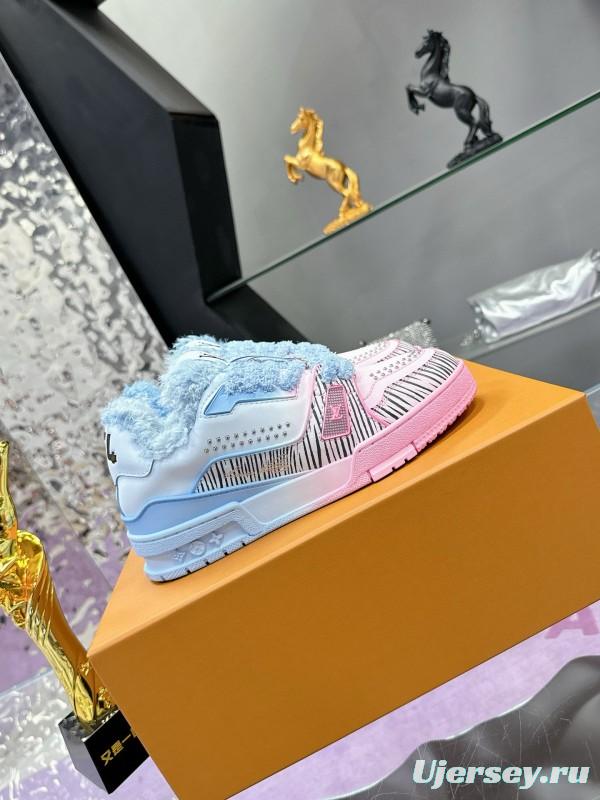 2024 Unisex Louis Vuitton Blue Pink Leather Sneakers