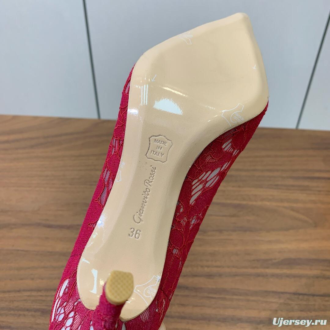 2025 Women Gianvito Rossi Red Lace Leather Pumps KFY00280