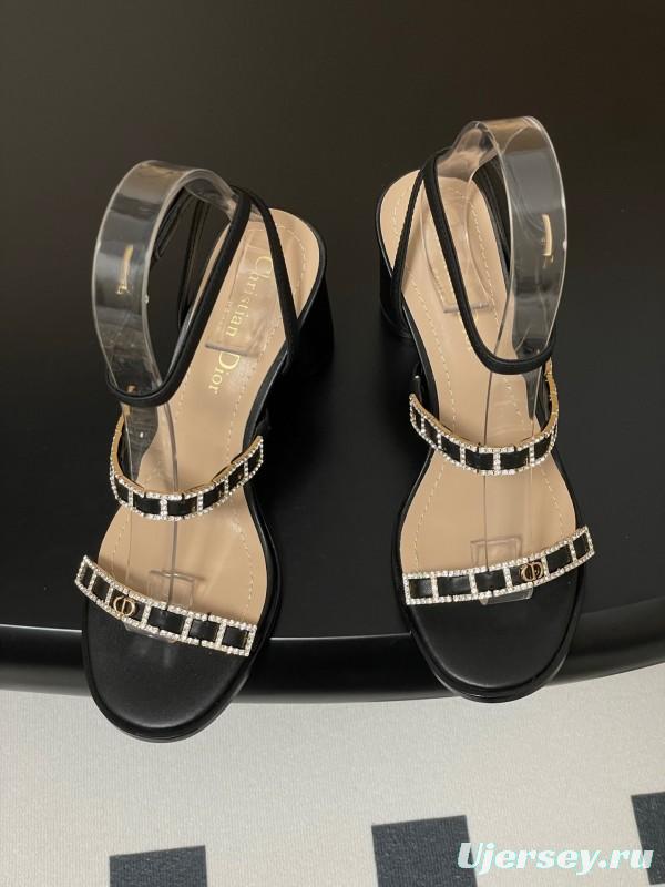 2025 Women Dior Black Leather Crystal Embellished High Heel Sandals